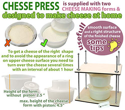 PetriStor Wooden Cheese Press for Cheese Making Supplies 12in Metal Guides 13in and 2 Cheese Mold with Follower Piston 1.3Qt - large Home Supply Ultimate Cheese Press Machine - Prensa Para Queso