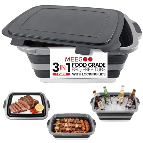 BBQ Prep Tub 3-IN-1 Large 30L Collapsible Cutting Board with Locking Lid for Meal Prep Marinating Food, Camping Sink with Colander, Dish Basin, Storage Blanket for Camping Picnic BBQ, Black - color: 30L Black Locked