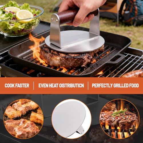 Heavy-Duty 6-Inch Smash Burger Press, 1.5 lb Stainless Steel Grill Press with Wood Handle, Non-Stick Burger Smasher for Hamburger, Bacon & BBQ - color: 6 inches - Silver