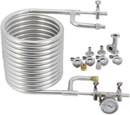 Stainless Steel 304 Immersion Wort Chiller,Wort Chiller Set, Quick Disconnects with Inline Thermometer