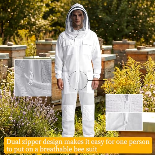 3 Layer Mesh Ventilated Beekeeping Suits Professional Ultra Ventilated Bee suit Premium Beekeeping Suit with Two Detachable Beekeeping Veils for Men Women - size: Large