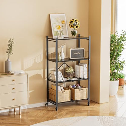 Folding Storage Shelves, 4-Tier Metal Foldable Shelf Shelving Rack Organizer On Rolling Wheels in Kitchen Warehouse Patio Pantry Garage Collapsible Shelves No Assembly (Black, 4-Layer) - color: Black/4-tier