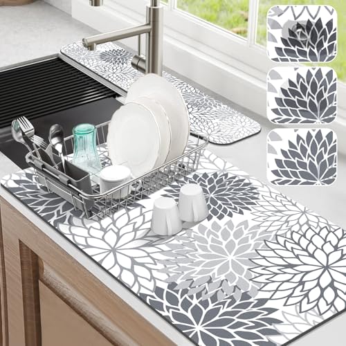 Findosom 2PCS 17" x 32" Dish Drying Mat & 24" x 5.5" Sink Splash Guard, Super Absorbent & Cuttable Dish Mat Drying Kitchen Mat with Gray Floral, Hide Stain Drying Mat for Kitchen Counter - color: Gray, size: 17" X 32" + 24" X 5.5"