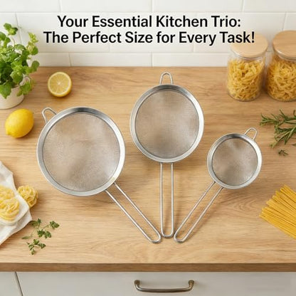 3-Piece Fine Mesh Strainer Set, Stainless Steel Sieves & Colanders for Kitchen - Perfect for Sifting Flour, Rinsing Quinoa & Straining Pasta - Includes 3, 5, and 7 Inch Food Strainers