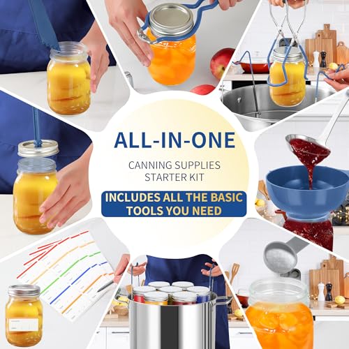 Canning Supplies Starter Kit,Canning Kit for Beginners of 9 with Jar Lifter，Wide Mouth Funnel,Wrench,Tongs,Lid Lifter,Bubble Popper,Canning Labels,ladle,Measuring spoon-Blue - color: X9-Blue