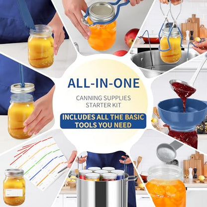 Canning Supplies Starter Kit,Canning Kit for Beginners of 9 with Jar Lifter，Wide Mouth Funnel,Wrench,Tongs,Lid Lifter,Bubble Popper,Canning Labels,ladle,Measuring spoon-Blue - color: X9-Blue