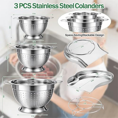 Strainers and Colanders for Kitchen, 3-Piece Stainless Steel Set Pasta and Rice Strainer with Handles, Raised Draining Base for Easy Counter Use (7”, 9”, 11”)