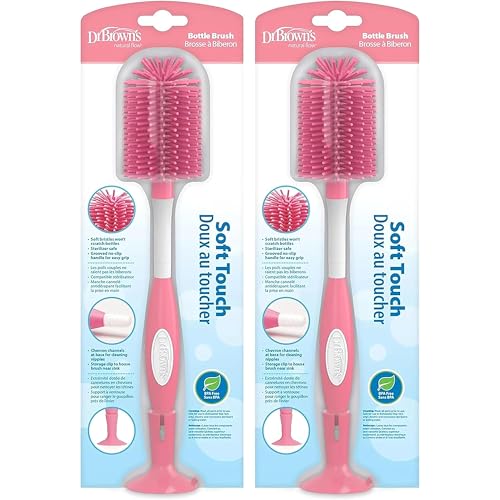 Dr. Brown's Soft Touch No Scratch Baby Bottle Cleaning Brush Nipple Cleaner with Stand and Storage Clip, BPA Free, Pink (Pack of 2) - style: 2 Pack, Pink