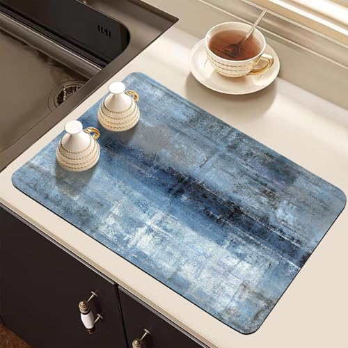 Dish Drying Mat for Kitchen Counter, Blue and Grey Abstract Art, Absorbent Quick Dry Pad with Rubber Backing, Draining Mat Dish Rack Pad for Dishes, Utensils, Countertops, Sinks 12" x 20 - color: Blue and Grey