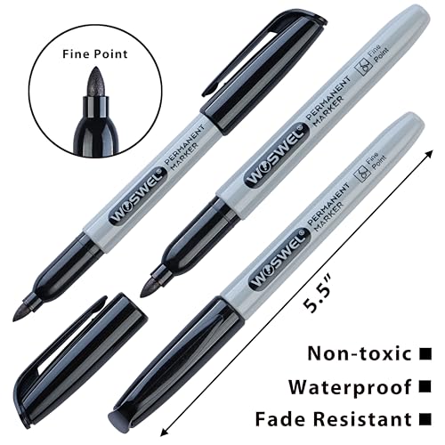 WOSWEL Permanent Markers Bulk, 100 Pack Fine Point Tip Black Permanent Marker Set, Waterproof Markers, Premium Smear Proof Pens, Quick Drying, Office Supplies for School, Office, Home