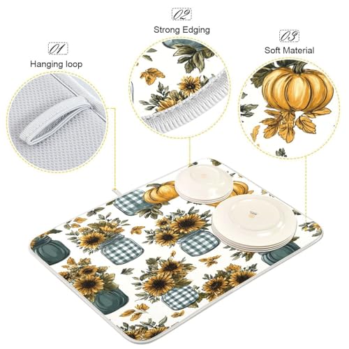 Autumn Sunflower Mason Jar Art Dish Drying Mat Super Absorbent Drying Mat Large Dish Drying Mats for Kitchen Counter Easy Clean Dish Mat Kitchen Drying Mats 18 x 16 Inch - size: 16x18in