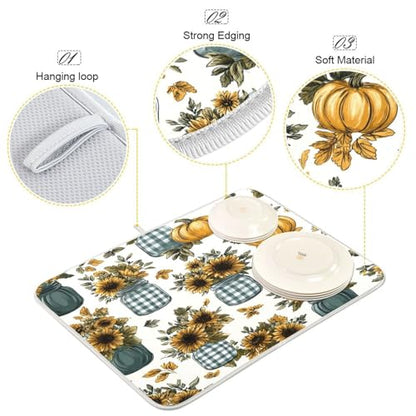 Autumn Sunflower Mason Jar Art Dish Drying Mat Super Absorbent Drying Mat Large Dish Drying Mats for Kitchen Counter Easy Clean Dish Mat Kitchen Drying Mats 18 x 16 Inch - size: 16x18in