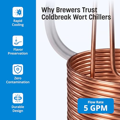 Coldbreak 25Ft. Wort Chiller with Copper Coil - Compact and Basic Immersion Beverage Chiller and Beer Brewing Equipment - 2pcs of 4Ft. Vinyl Tubings with Garden Hose Fitting and Hose Clamps Included - size: 25'