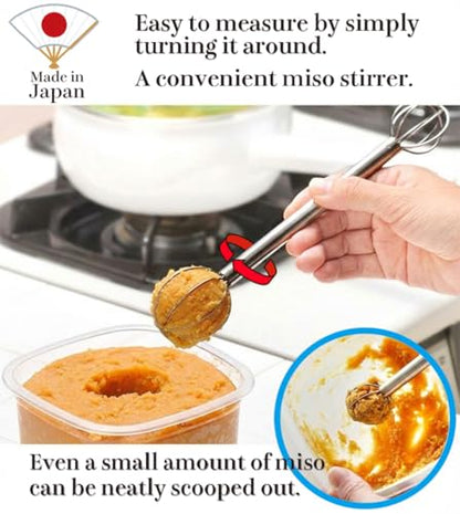 Miso Measuring Whisk, Made in Japan, 18-8 Stainless Steel Miso Muddler, Dual-Sided Measuring Spoon (1 & 2 Tablespoons), Small Whisk, Tsubame Sanjo Craftsmanship