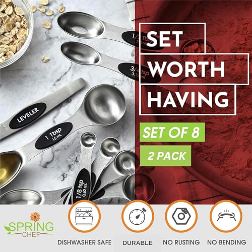 Spring Chef Stainless Steel Magnetic Measuring Spoons Set of 8 with Leveler, Dual Sided Metal Teaspoon & Tablespoon Measuring Spoons, Nesting Kitchen Gadgets for Baking & Cooking - 2 Pack - Black - color: Black, size: 2-Pack