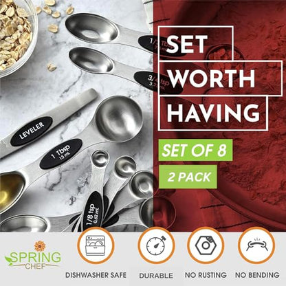 Spring Chef Stainless Steel Magnetic Measuring Spoons Set of 8 with Leveler, Dual Sided Metal Teaspoon & Tablespoon Measuring Spoons, Nesting Kitchen Gadgets for Baking & Cooking - 2 Pack - Black - color: Black, size: 2-Pack