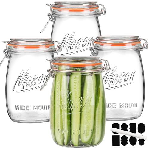 Anwoi Wide Mouth Mason Jars with Airtight Lid 32 oz 4 Pack - Large Mason Jars For Flour and Sugar With Scale Mark Food Storage Canning Jars for Pickling Flour Sugar Pasta Oats Cereal - color: 32oz 4pack