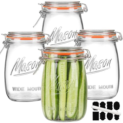 Anwoi Wide Mouth Mason Jars with Airtight Lid 32 oz 4 Pack - Large Mason Jars For Flour and Sugar With Scale Mark Food Storage Canning Jars for Pickling Flour Sugar Pasta Oats Cereal - color: 32oz 4pack