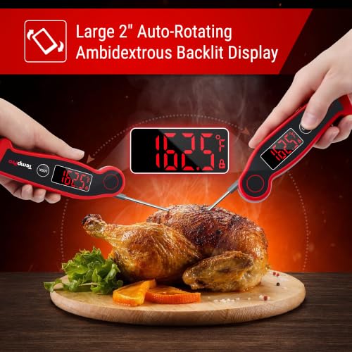 TempPro TP19 Waterproof Digital Meat Thermometer for Grilling with Ambidextrous Backlit & Thermocouple Instant Read Kitchen Cooking Food Thermometer for Candy Oil BBQ Smoker (Previously ThermoPro) - color: Bright Red