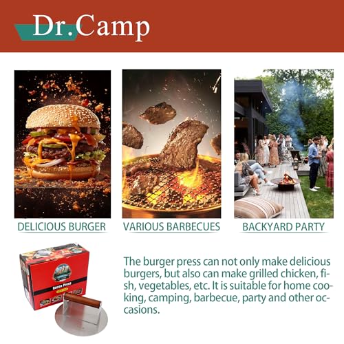 Dr.Camp 7 Inch Stainless Steel Smash Burger Press Burger Smasher Bacon Press Meat Press for Griddle Flat Top Grill with Solid Wood Handle Smooth Bottom Heavy Duty (Round) - style: Round