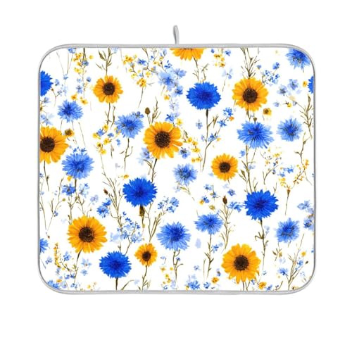 Blue Cornflower Sunflower Dish Drying Mat for Kitchen Counter Kitchen Drying Mat Dish Rack Mat Dish Drainer Pad Microfiber Absorbent Washable Drying Pad for Countertop 16 x 18 - color: Blue Cornflower Sunflower, size: 16'' x 18''