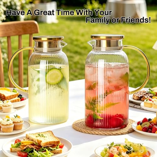Buaic 2 PACK Glass Pitcher with Lid, 84oz/2.5L Liter Classic Vertical Stripes Water Pitcher,Glass Water Carafe for Cold Brew, Coffee, Lemonade, Iced Tea,Sun Tea, Beverage, Heat Resistant - color: Clear, size: 2.5L-2 PACK