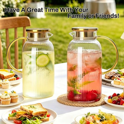 Buaic 2 PACK Glass Pitcher with Lid, 84oz/2.5L Liter Classic Vertical Stripes Water Pitcher,Glass Water Carafe for Cold Brew, Coffee, Lemonade, Iced Tea,Sun Tea, Beverage, Heat Resistant - color: Clear, size: 2.5L-2 PACK