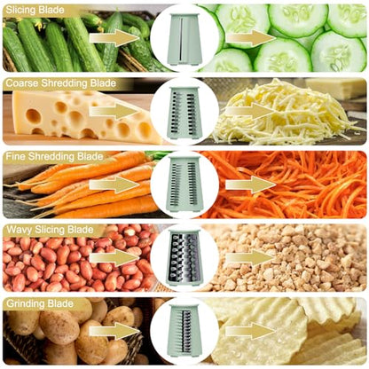 5 in 1 Cheese Grater with Rotary Hand Crank - Vegetable Chopper with Replaceable Stainless Blades, Strong Suction Base, Handle, Blade Storage Box, Easy-Clean Multipurpose Kitchen Slicer (Green) - color: Green