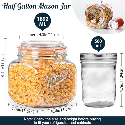 2 Pack Half Gallon Mason Jar with Hinged Lid, Wide Mouth Glass Canisters for Food Storage, Cookie, Flour, Candy, Coffee, Pickle - 64 Oz Glass Jar with Lid - 2 Scale Marks & Vintage Mason Jars