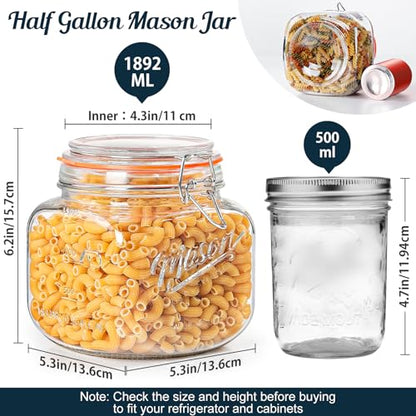 2 Pack Half Gallon Mason Jar with Hinged Lid, Wide Mouth Glass Canisters for Food Storage, Cookie, Flour, Candy, Coffee, Pickle - 64 Oz Glass Jar with Lid - 2 Scale Marks & Vintage Mason Jars