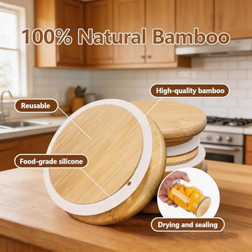 Bamboo Mason Jar Lids - 86mm/3.4 Inch Reusable Wide Mouth Mason Jar Lids, Wooden Mason Jar Lids with Silicone Sealing, 100% Fit & Airtight for Wide Mouth Mason Jars (6 Pack Wide Lids)
