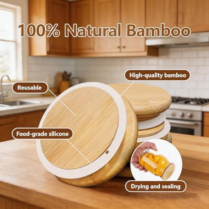 Bamboo Mason Jar Lids - 86mm/3.4 Inch Reusable Wide Mouth Mason Jar Lids, Wooden Mason Jar Lids with Silicone Sealing, 100% Fit & Airtight for Wide Mouth Mason Jars (6 Pack Wide Lids)