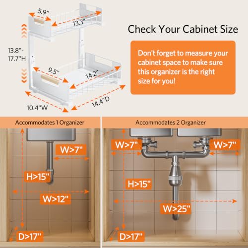 Delamu 2-Pack Under Sink Organizer, 2 Tier Pull out Under the Kitchen Sink Storage, Slide out Cabinet Organizer Shelf, Metal Sliding Drawer for Bathroom Pantry Closet Organization Rack, White