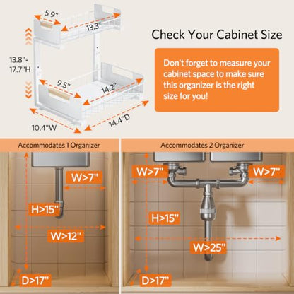 Delamu 2-Pack Under Sink Organizer, 2 Tier Pull out Under the Kitchen Sink Storage, Slide out Cabinet Organizer Shelf, Metal Sliding Drawer for Bathroom Pantry Closet Organization Rack, White