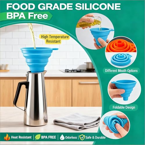 3PCS Silicone Funnel Set, Flexible Rubber Kitchen Funnels for Filling Bottles, Small Medium Large Food Grade Funnel for Essential Oils, Spices, Powder, Cooking, Liquid, Perfume, Flask - color: RGB