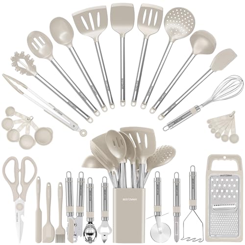 Kitchen Utensil Set-Silicone Cooking Utensils-33 Kitchen Gadgets & Spoons for Nonstick Cookware-Silicone and Stainless Steel Spatula Set-Best Kitchen Tools, Useful Pots (Khaki) - color: Khaki