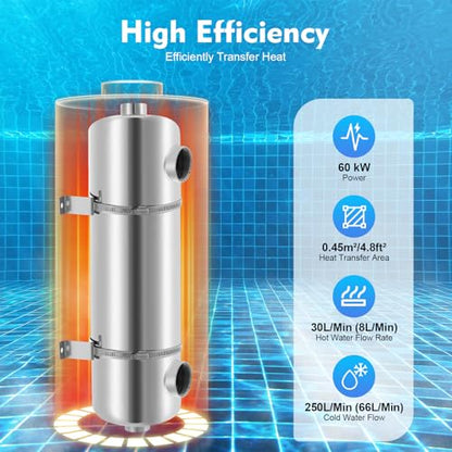 200K BTU Stainless Steel Heat Exchanger - 304 Pool Heat Exchanger for Swimming Pool, Spa, Hot Tub, 1" & 1.5" FPT Ports, Salt Water Resistant