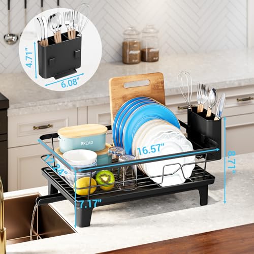 Urackify Dish Drying Rack for Kitchen Counter, Sink Dish Rack with Drainboard 12.2" W x 16.5" L, Large Dish Drainer with Cutlery Holder, Home Countertop Plate Dryer Storage Rack, Black - color: Black