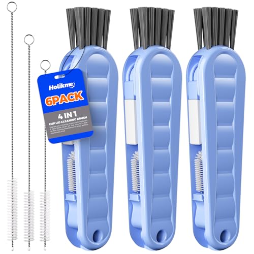 6 Pack Holikme 4 in 1 Cup Lid Cleaning Brush Set with 3 Straws, Multifunctional Bottle Brush, Silicone Cup Lid Gap Cleaner, Bristle Crevice Cleaning Brush, Blue - color: Blue