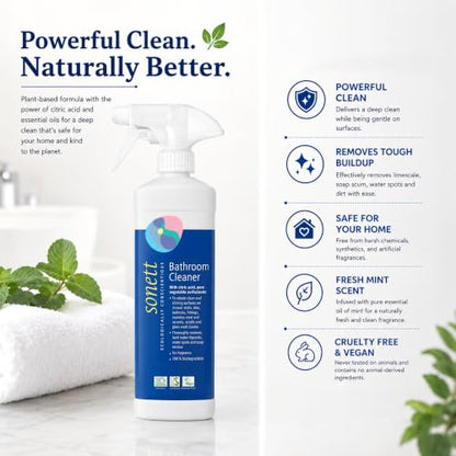 Sonett Organic Bathroom & Shower Cleaner Spray Removes lime scale deposits in hard-to-reach places and cleans fittings, stainless steel, floor tiles and shower walls (17 fl. oz. Pack of 6)