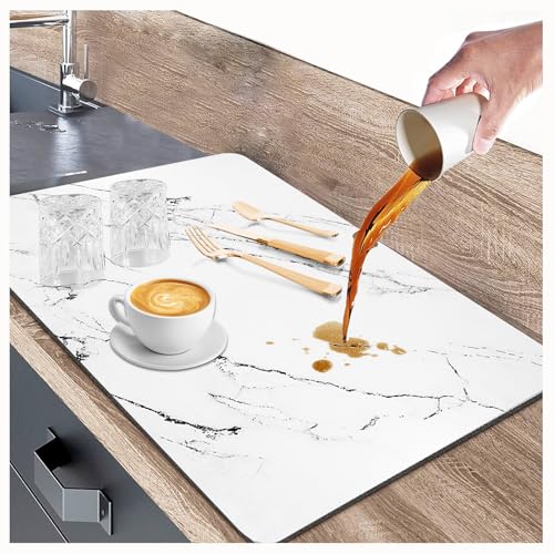 White Dish Drying Mat, 24"x16" Dish Draining Mat with Non-slip Rubber Backed, Absorbent Heat Resistant Dish Drying Mats for Kitchen Counter, Easy to Clean Coffee Machine Mats (White) - color: White