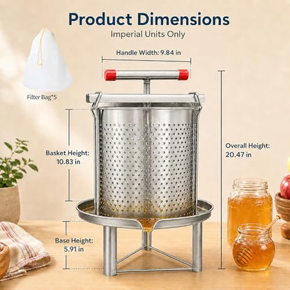 Honey Press Extractor Machine, 3.5 Gallon Stainless Steel Manual Beekeeping Tool Easy to Use Multi-Purpose Honey Wax Fruit Press for Home Use