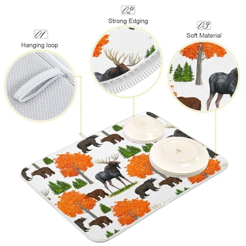 Bear Moose Trees Dish Drying Mat for Kitchen Counter Super Absorbent Draining Mat with Non-slip Backed Sink Tray Mat for Countertops Sinks Draining Racks Dish Bottles Cups Bowl