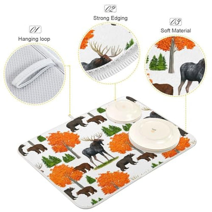 Bear Moose Trees Dish Drying Mat for Kitchen Counter Super Absorbent Draining Mat with Non-slip Backed Sink Tray Mat for Countertops Sinks Draining Racks Dish Bottles Cups Bowl
