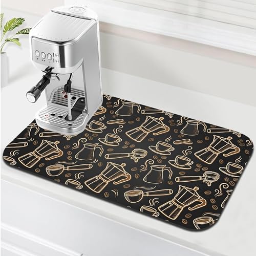Black and Gold Coffee Tool Coffee Drying Mat 12" x 19", Absorbent Waterproof Coffee Station Mat, Protects Countertops from Spills Stains for Coffee Makers and Home Baristas - color: Black and Gold