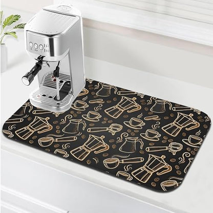 Black and Gold Coffee Tool Coffee Drying Mat 12" x 19", Absorbent Waterproof Coffee Station Mat, Protects Countertops from Spills Stains for Coffee Makers and Home Baristas - color: Black and Gold