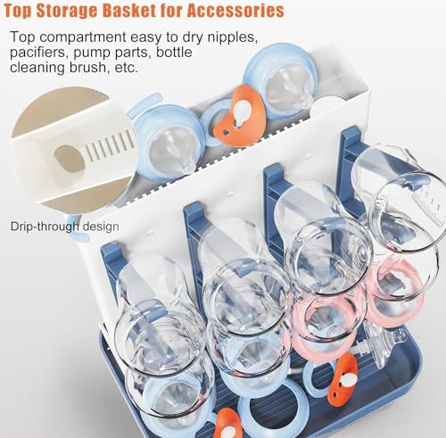 Baby Bottle Drying Rack, Space Saving Vertical Bottle Rack Dryer (Blue) | Bottle Drying Rack Countertop Organizer with Brush Holder for Bottles & Baby Accessories Pacifiers and Pump Part- BPA-Free
