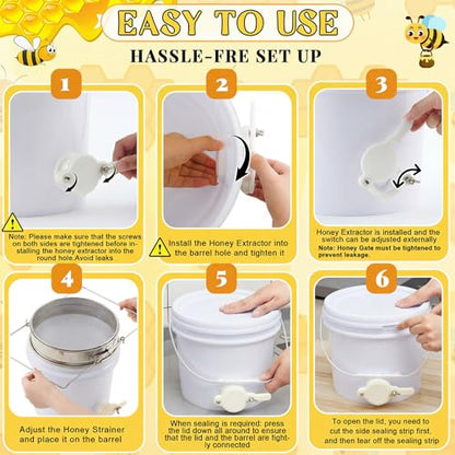 Threehoney 3 Pcs 2 Gallon Honey Bucket with Gate Honey Extractor Equipment Food Grade Bucket Food Safe Buckets with Lid for Beekeeping Supplies Extracting Storage(White,Round Style) - color: White