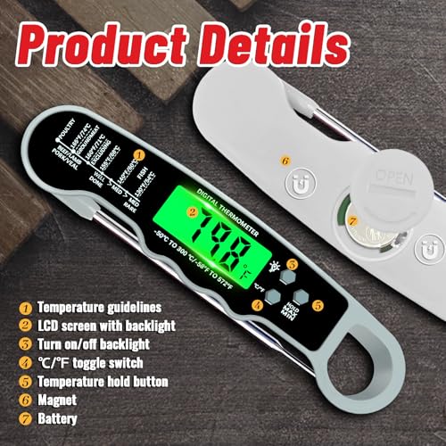 Stocking Stuffers for Men Women Adults: Meat Thermometer Digital, Instant Read Meat Thermometer with Backlight & Magnet for Kitchen, Beef, Grill, Turkey,IP67 Waterproof Cooking Thermometer - color: Grey