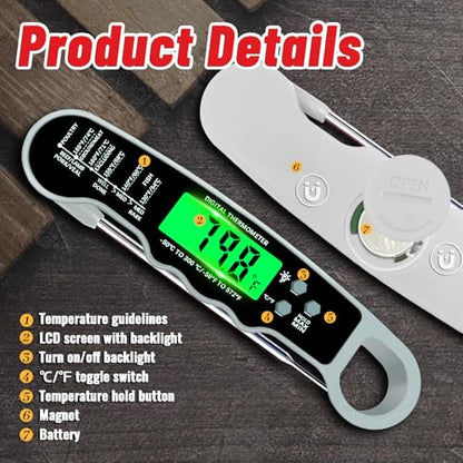 Stocking Stuffers for Men Women Adults: Meat Thermometer Digital, Instant Read Meat Thermometer with Backlight & Magnet for Kitchen, Beef, Grill, Turkey,IP67 Waterproof Cooking Thermometer - color: Grey